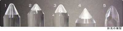 1. Spherical<br />2. Elliptical<br />3. Shibata, a Line Contact shape.<br />4. Hyper Elliptical, a Line Contact shape.<br />5. SAS (Super Analogue Stylus), a type of Micro Ridge